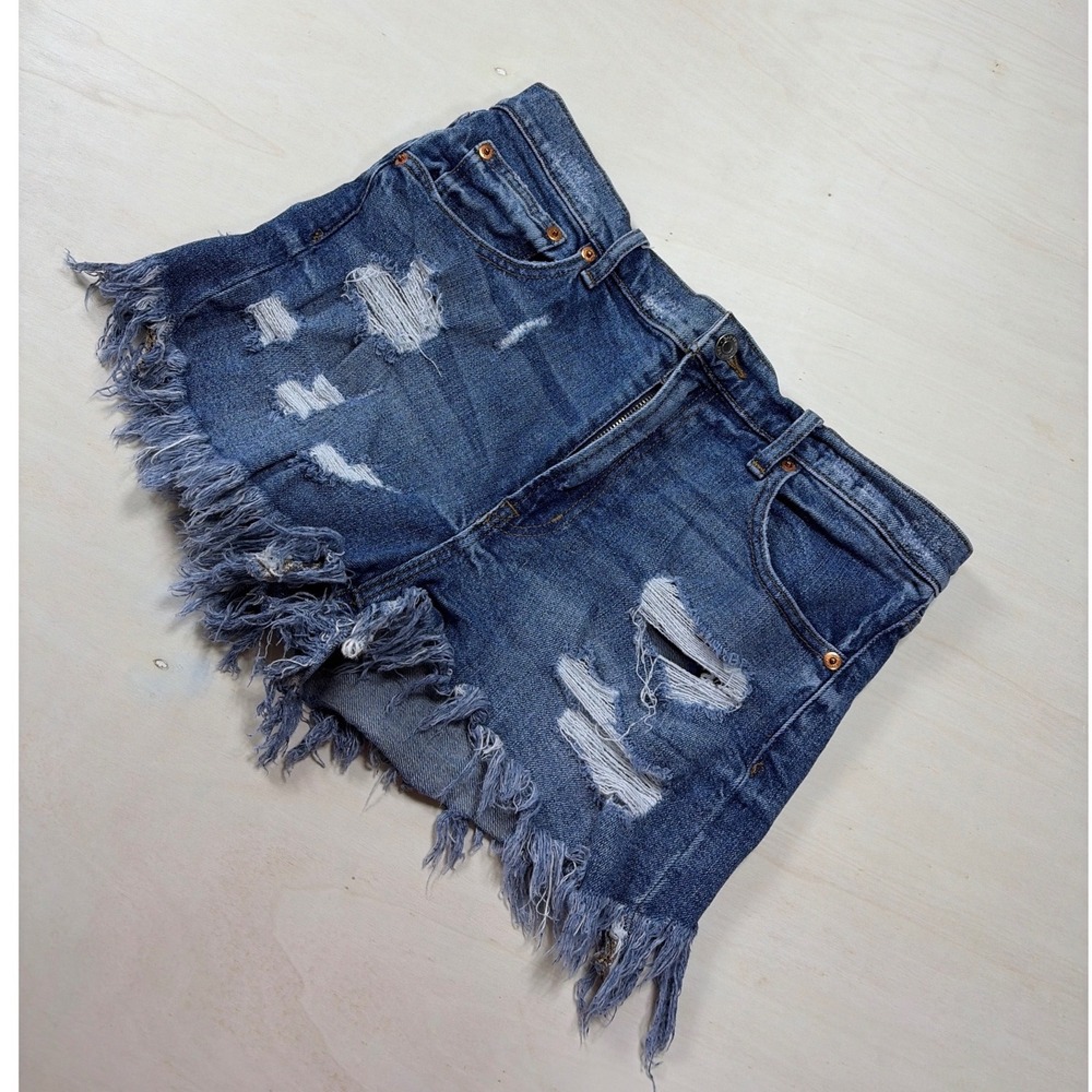 Gap Denim 1969 Distressed Jean Shorts Womens 30R Blue Frayed Hem High Rise 3"